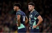 5 November 2022; Hugo Keenan, right, and Robert Baloucoune of Ireland during the Bank of Ireland Nations Series match between Ireland and South Africa at the Aviva Stadium in Dublin. Photo by Ramsey Cardy/Sportsfile