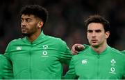 5 November 2022; Ireland players Robert Baloucoune, left, and Joey Carbery of Ireland before the Bank of Ireland Nations Series match between Ireland and South Africa at the Aviva Stadium in Dublin. Photo by Ramsey Cardy/Sportsfile