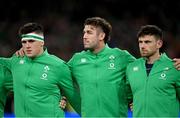 5 November 2022; Ireland players, from left, Dan Sheehan, Caelan Doris and Hugo Keenan before the Bank of Ireland Nations Series match between Ireland and South Africa at the Aviva Stadium in Dublin. Photo by Ramsey Cardy/Sportsfile