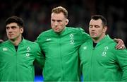 5 November 2022; Ireland players, from left, Jimmy O'Brien, Kieran Treadwell and Cian Healy before the Bank of Ireland Nations Series match between Ireland and South Africa at the Aviva Stadium in Dublin. Photo by Ramsey Cardy/Sportsfile