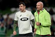 5 November 2022; South Africa assistant coach Felix Jones, left, and South Africa head coach Jacques Nienaber before the Bank of Ireland Nations Series match between Ireland and South Africa at the Aviva Stadium in Dublin. Photo by Ramsey Cardy/Sportsfile