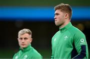 5 November 2022; Jack Crowley, right, and Craig Casey of Ireland before the Bank of Ireland Nations Series match between Ireland and South Africa at the Aviva Stadium in Dublin. Photo by Ramsey Cardy/Sportsfile