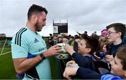 10 November 2022; Will Connors signs an autograph for Daniel Malinowski, aged 11, from Tullow, during the Leinster rugby open training session at Tullow RFC in Carlow. Photo by Sam Barnes/Sportsfile