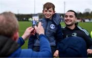 10 November 2022; James Lowe with supporter John Nolan, aged 11, from Tullow, during the Leinster rugby open training session at Tullow RFC in Carlow. Photo by Sam Barnes/Sportsfile