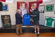 10 November 2022; Leinster head coach Leo Cullen, right, presents Tullow RFC President Pat Byrne with a signed jersey during the Leinster rugby open training session at Tullow RFC in Carlow. Photo by Sam Barnes/Sportsfile