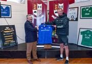 10 November 2022; Leinster head coach Leo Cullen, right, presents Tullow RFC President Pat Byrne with a signed jersey during the Leinster rugby open training session at Tullow RFC in Carlow. Photo by Sam Barnes/Sportsfile