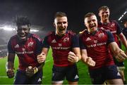 10 November 2022; Munster players, from left, Edwin Edogbo, Shane Daly and Patrick Campbell celebrate after the match between Munster and South Africa Select XV at Páirc Ui Chaoimh in Cork. Photo by David Fitzgerald/Sportsfile