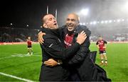 10 November 2022; Munster head coach Graham Rowntree and Simon Zebo of Munster after their side's victory in the match between Munster and South Africa Select XV at Páirc Ui Chaoimh in Cork. Photo by Harry Murphy/Sportsfile