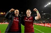 10 November 2022; Simon Zebo and Mike Haley of Munster after their side's victory in the match between Munster and South Africa Select XV at Páirc Ui Chaoimh in Cork. Photo by Harry Murphy/Sportsfile