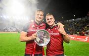 10 November 2022; Gavin Coombes and Alex Kendellen of Munster with the shield after their side's victory in the match between Munster and South Africa Select XV at Páirc Ui Chaoimh in Cork. Photo by Harry Murphy/Sportsfile