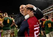 10 November 2022; Simon Zebo and Malakai Fekitoa of Munster after their side's victory in the match between Munster and South Africa Select XV at Páirc Ui Chaoimh in Cork. Photo by Harry Murphy/Sportsfile