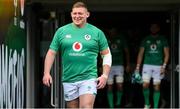 11 November 2022; Captain Tadhg Furlong makes his way onto the pitch for the Ireland Rugby captain's run at Aviva Stadium in Dublin. Photo by Brendan Moran/Sportsfile