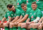 11 November 2022; Ireland captain Tadhg Furlong, right, and team-mates Robbie Henshaw and Garry Ringrose sit for a team photograph before their captain's run at Aviva Stadium in Dublin. Photo by Brendan Moran/Sportsfile