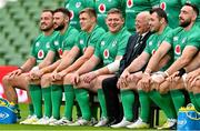 11 November 2022; Ireland captain Tadhg Furlong, centre, sits alongside IRFU president John Robinson and team-mates Rob Herring, Robbie Henshaw, Garry Ringrose, Cian Healy and Jack Conan for a team photograph before their captain's run at Aviva Stadium in Dublin. Photo by Brendan Moran/Sportsfile