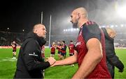 10 November 2022; Munster head coach Graham Rowntree shakes hands with Kiran McDonald of Munster after the match between Munster and South Africa Select XV at Páirc Ui Chaoimh in Cork. Photo by Harry Murphy/Sportsfile