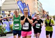 30 October 2022; Fiona Naughton from Dublin 12 reacts after finishing the 2022 Irish Life Dublin Marathon. 25,000 runners took to the Fitzwilliam Square start line to participate in the 41st running of the Dublin Marathon after a two-year absence. Photo by Sam Barnes/Sportsfile
