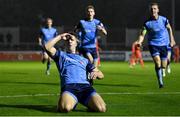 11 November 2022; Thomas Lonergan of UCD celebrates after scoring his side's first goal during the SSE Airtricity League Promotion / Relegation Play-off match between UCD and Waterford at Richmond Park in Dublin. Photo by Seb Daly/Sportsfile