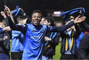 11 November 2022; Tobi Jinad of UCD celebrates after his side's victory in the SSE Airtricity League Promotion / Relegation Play-off match between UCD and Waterford at Richmond Park in Dublin. Photo by Tyler Miller/Sportsfile