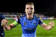11 November 2022; Jack Keaney of UCD celebrates after his side's victory in the SSE Airtricity League Promotion / Relegation Play-off match between UCD and Waterford at Richmond Park in Dublin. Photo by Seb Daly/Sportsfile