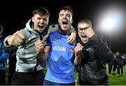 11 November 2022; Thomas Lonergan of UCD celebrates with supporters after their side's victory in the SSE Airtricity League Promotion / Relegation Play-off match between UCD and Waterford at Richmond Park in Dublin. Photo by Seb Daly/Sportsfile