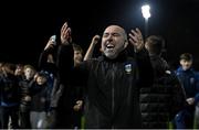 11 November 2022; UCD manager Andy Myler celebrates after his side's victory in the SSE Airtricity League Promotion / Relegation Play-off match between UCD and Waterford at Richmond Park in Dublin. Photo by Seb Daly/Sportsfile