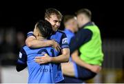 11 November 2022; Mark Dignam, right, and Sean Brennan of UCD celebrate after their side's victory in the SSE Airtricity League Promotion / Relegation Play-off match between UCD and Waterford at Richmond Park in Dublin. Photo by Seb Daly/Sportsfile