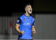 11 November 2022; Thomas Lonergan of UCD celebrates as Junior Quitirna of Waterford misses a late penalty during the SSE Airtricity League Promotion / Relegation Play-off match between UCD and Waterford at Richmond Park in Dublin. Photo by Seb Daly/Sportsfile