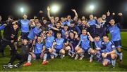 11 November 2022; UCD players, management and supporters celebrate after their side's victory in the SSE Airtricity League Promotion / Relegation Play-off match between UCD and Waterford at Richmond Park in Dublin. Photo by Seb Daly/Sportsfile