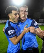 11 November 2022; Evan Osam, left, and Jack Keaney of UCD celebrate after their side's victory in the SSE Airtricity League Promotion / Relegation Play-off match between UCD and Waterford at Richmond Park in Dublin. Photo by Seb Daly/Sportsfile