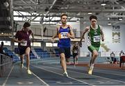 12 November 2022; Athletes from left, Alex Cullen of Kilkenny CBS, Cormac Crotty of St Patricks Cavan, and Jason O'Reilly of St Brendans College Killarney, Kerry, compete in the intermediate boys 200m during the 123.ie All-Ireland Schools’ Combined Events at TUS International Arena in Athlone, Westmeath. Photo by Sam Barnes/Sportsfile