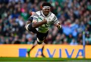 12 November 2022; Kalaveti Ravouvou of Fiji dives over to score his side's first try during the Bank of Ireland Nations Series match between Ireland and Fiji at the Aviva Stadium in Dublin. Photo by Harry Murphy/Sportsfile