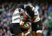 12 November 2022; Kalaveti Ravouvou of Fiji celebrates with teammates Frank Lomani and Jiuta Wainiqolo after scoring his side's first try during the Bank of Ireland Nations Series match between Ireland and Fiji at the Aviva Stadium in Dublin. Photo by Harry Murphy/Sportsfile