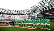 12 November 2022; Ireland and Fiji players stand for a minute's silence in memory of former Ireland international and team manager Paul McNaughton before the Bank of Ireland Nations Series match between Ireland and Fiji at the Aviva Stadium in Dublin. Photo by Harry Murphy/Sportsfile