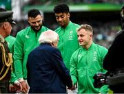 12 November 2022; Craig Casey of Ireland shakes hands with President of Ireland Michael D Higgins before the Bank of Ireland Nations Series match between Ireland and Fiji at the Aviva Stadium in Dublin. Photo by Harry Murphy/Sportsfile