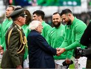 12 November 2022; Robbie Henshaw of Ireland shakes hands with President of Ireland Michael D Higgins before the Bank of Ireland Nations Series match between Ireland and Fiji at the Aviva Stadium in Dublin. Photo by Harry Murphy/Sportsfile