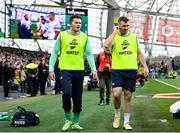 12 November 2022; Ireland players Jacob Stockdale and Peter O’Mahony acting as water carriers before the Bank of Ireland Nations Series match between Ireland and Fiji at the Aviva Stadium in Dublin. Photo by Harry Murphy/Sportsfile