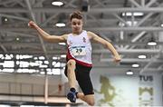 12 November 2022; Finn McClean of Regent House Grammar School, Down, competes in the minor boys long jump during the 123.ie All-Ireland Schools’ Combined Events at TUS International Arena in Athlone, Westmeath. Photo by Sam Barnes/Sportsfile
