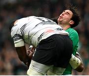 12 November 2022; Joey Carbery of Ireland is tackled by Albert Tuisue of Fiji, who was subsequently shown a red card, during the Bank of Ireland Nations Series match between Ireland and Fiji at the Aviva Stadium in Dublin. Photo by Harry Murphy/Sportsfile