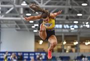 12 November 2022; Ashleigh McArdle of Holy Cross Strabane, competes in the intermediate girls long jump during the 123.ie All-Ireland Schools’ Combined Events at TUS International Arena in Athlone, Westmeath. Photo by Sam Barnes/Sportsfile