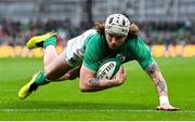 12 November 2022; Mack Hansen of Ireland scores his side's fourth try during the Bank of Ireland Nations Series match between Ireland and Fiji at the Aviva Stadium in Dublin. Photo by Seb Daly/Sportsfile