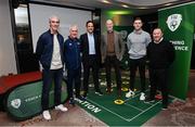 12 November 2022; Speakers at the FAI National Coaching conference at the Carlton Hotel Dublin Airport in Dublin, are from left, Jim McGuinness, UEFA Pro Licence; John Peacock, UEFA & FIFA Coach Educator; Marc Canham, Director of Football, FAI; Greg Broughton, Director of Football, Blackburn Rovers; Liam Sweeney, PhD Researcher, DCU & FAI; and John Morling, FAI. Photo by Ramsey Cardy/Sportsfile