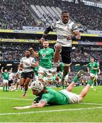 12 November 2022; Mack Hansen of Ireland scores his side's fourth try during the Bank of Ireland Nations Series match between Ireland and Fiji at the Aviva Stadium in Dublin. Photo by Seb Daly/Sportsfile
