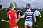 12 November 2022; Donal Morkan of Shinrone, left, and Harry Carroll of Naas after the AIB Leinster GAA Hurling Senior Club Championship Quarter-Final match between Naas and Shinrone at St Conleth's Park in Newbridge, Kildare. Photo by Ben McShane/Sportsfile