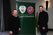 12 November 2022; In attendance at the FAI National Coaching conference at Carlton Hotel Dublin Airport in Dublin, are John Morling, FAI. left, and Shamrock Rovers manager Stephen Bradley. Photo by Ramsey Cardy/Sportsfile