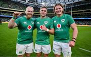 12 November 2022; Ireland debutants, from left, Jeremy Loughman, Jack Crowley and Cian Prendergast after the Bank of Ireland Nations Series match between Ireland and Fiji at the Aviva Stadium in Dublin. Photo by Brendan Moran/Sportsfile