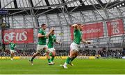 12 November 2022; Craig Casey, right, and Jack Crowley of Ireland, centre, celebrate their side's fourth try, scored by teammate Mack Hansen, not pictured, during the Bank of Ireland Nations Series match between Ireland and Fiji at the Aviva Stadium in Dublin. Photo by Seb Daly/Sportsfile