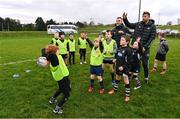 13 November 2022; Leinster Rugby players Nick McCarthy and Ross Byrne during a Dundalk RFC Minis training session at Dundalk RFC in Dundalk, Louth. Photo by Ramsey Cardy/Sportsfile