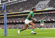 12 November 2022; Robert Baloucoune of Ireland on his way to scoring his side's third try during the Bank of Ireland Nations Series match between Ireland and Fiji at the Aviva Stadium in Dublin. Photo by Seb Daly/Sportsfile