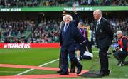12 November 2022; President of Ireland Michael D Higgins waves to the crowd before the Bank of Ireland Nations Series match between Ireland and Fiji at the Aviva Stadium in Dublin.President of Ireland Michael D Higgins Photo by Brendan Moran/Sportsfile