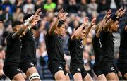 13 November 2022; The All Blacks XV team perform the Haka before the Killik Cup match between Barbarians and All Blacks XV at Tottenham Hotspur Stadium in London, England. Photo by Ramsey Cardy/Sportsfile